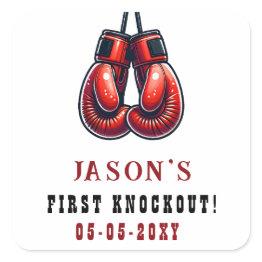Small Red Rumble First Knockout Boxing Birthday Square Sticker Front View