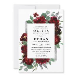 Small Red & Silver Country Burgundy Rose Winter Wedding Invitation Front View