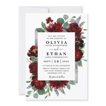red & silver country burgundy rose winter wedding invitation