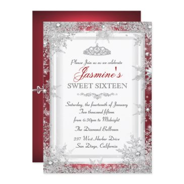 red silver winter wonderland sweet 16 invitation