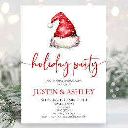 Small Red Snowy Santa Hat Christmas Holiday Party Invitation Front View