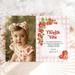 Small Red Strawberry Berry First Birthday Photo Thank You Invitations Front View