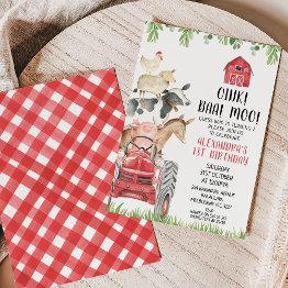 Small Red Tractor Farm Animals Oink Baa Moo 1st Birthday Invitation Front View
