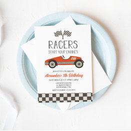 Small Red Vintage Race Car Birthday Invitation Front View