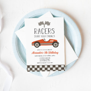 red vintage race car birthday invitation