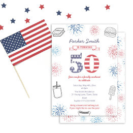 Small Red White And Blue Joint 50th Birthday Party Invitation Front View
