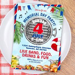 Small Red White And Blue Memorial Day Bbq Pool Party Invitation Front View