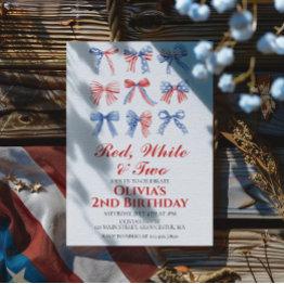 Small Red, White And Two Bows 4th Of July 2nd Birthday Invitation Front View