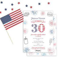 Small Red White Blue Backyard Family 30th Birthday Party Invitation Front View