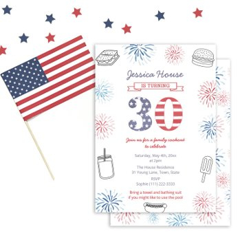 red white blue backyard family 30th birthday party invitation