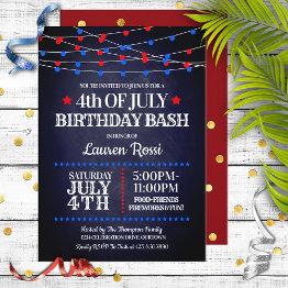 Small Red, White & Blue Lights 4th Of July Birthday Invitation Front View