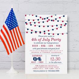 Small Red, White & Blue String Lights 4th Of July Party Invitation Front View