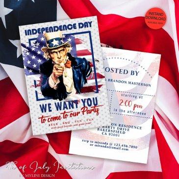 red, white, blue uncle sam 4th of july invitation