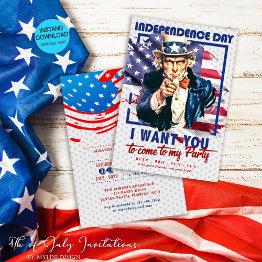 Small Red, White & Blue Uncle Sam 4th Of July Party Invitation Front View