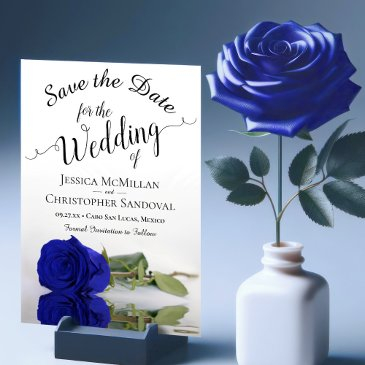 reflecting royal blue rose romantic wedding save the date
