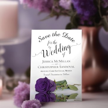 reflecting royal purple rose romantic wedding save the date