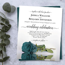 Small Reflecting Teal Rose Budget Wedding Invitation Front View