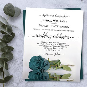 reflecting teal rose budget wedding invitation