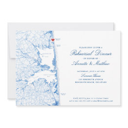 Small Rehoboth Beach Map Navy Blue Rehearsal Dinner Invitation Front View