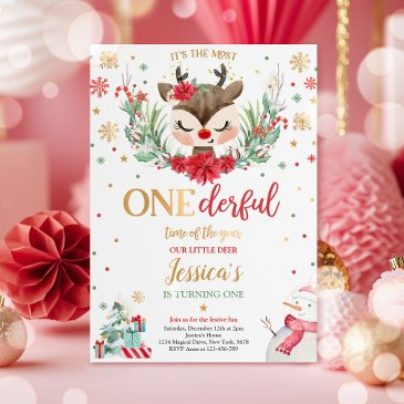 reindeer christmas 1st birthday red winter deer invitation
