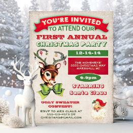 Small Reindeer Vintage Retro Christmas Party Invitation Front View
