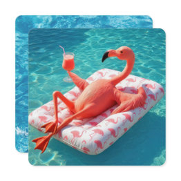 Small Relaxing Flamingo Floating On A Pool Mattress Invitation Front View