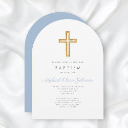 Small Religious Cross Baby Blue Script Boy Baptism Arch Invitation Front View