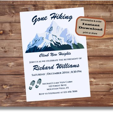 retirement gone hiking snowy mountains happy trail invitation