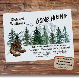 Small Retirement Gone Hiking To The Mountains Outdoors Invitation Front View
