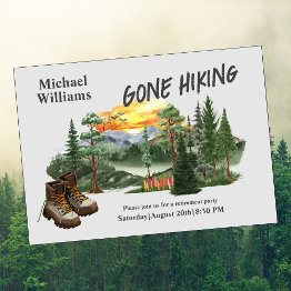 Small Retirement Gone Hiking To The Mountains Sunrise  Invitation Front View
