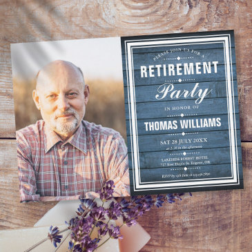 retirement party blue rustic wood photo invitation