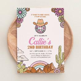 Small Retro 2nd Rodeo Western Girl Birthday Invitation Front View