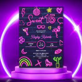 Small Retro 80s Neon Laser Glow Sweet 15 Navy Blue Brick Invitation Front View