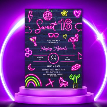 retro 80s neon laser glow sweet 16 navy blue brick invitation