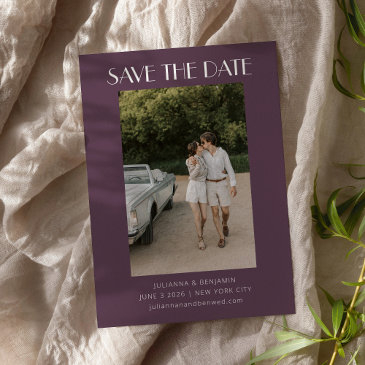 retro art deco dark dusty purple photo wedding save the date