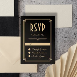 Small Retro Art Deco Frame Classic Black Gold Wedding Rsvp Invitations Front View