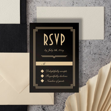retro art deco frame classic black gold wedding rsvp invitations