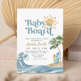 Small Retro Baby On Board Surfboard Beach Baby Shower Invitation Front View