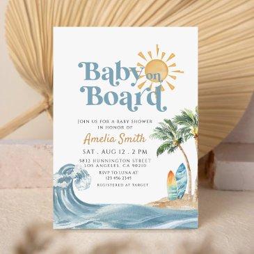 retro baby on board surfboard beach baby shower invitation