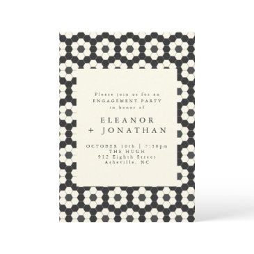 retro black white geometric tile engagement party invitation