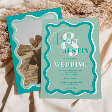 retro blue curve squiggle wavy wedding photo invitation