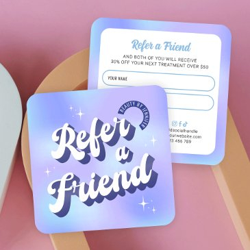 retro blue purple logo refer a friend beauty salon referral invitations