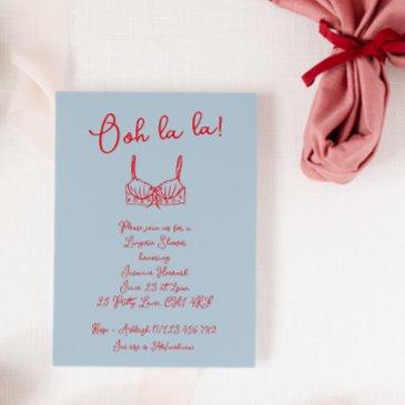 retro blue & red hand drawn bra lingerie shower invitation