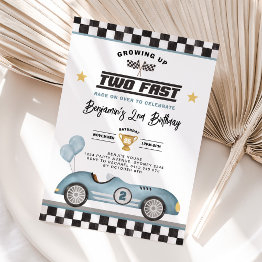 Small Retro Blue Two Fast Race Car Boy 2nd Birthday Invitation Front View