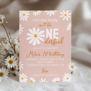retro blush pink daisy first birthday invitation