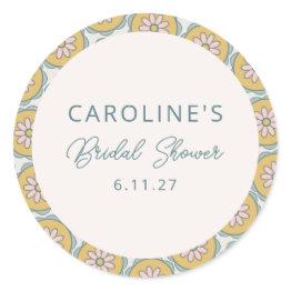 Small Retro Boho Floral Yellow Custom Bridal Shower Classic Round Sticker Front View