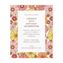 Small Retro Boho Pink Floral Cute Birthday Party Invite Front View