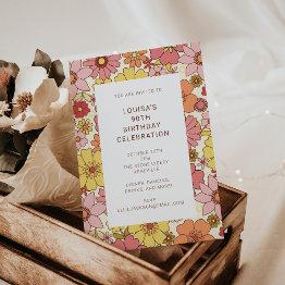 Small Retro Boho Pink Yellow Floral 90th Birthday Party Invitation Front View