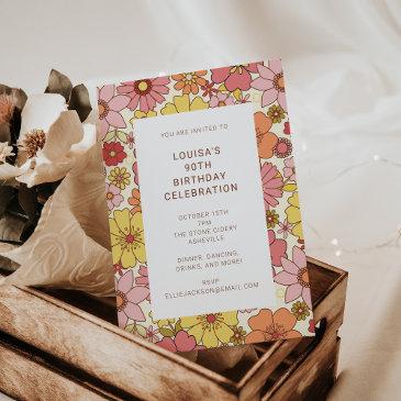 retro boho pink yellow floral 90th birthday party invitation