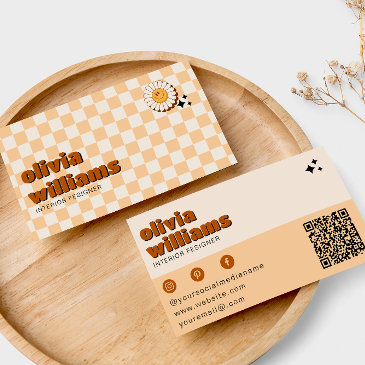 retro bold qr code boho groovy smiling flower business invitations